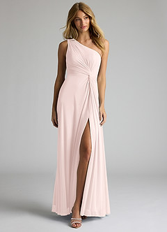 Azazie Brooke Bridesmaid Dresses Blushing Pink A-Line One Shoulder Mesh Dress image4