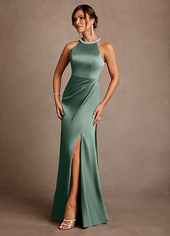 Azazie Lawrence Mother of the Bride Dresses Eucalyptus A-Line Pleated Stretch Satin Dress image2