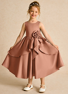 Azazie Hermia Blumenmädchenkleider A-Linie ärmellos Matte Satin Kleid Bronzer image1