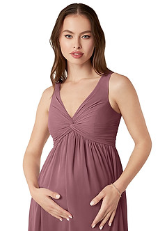 Azazie Yetta Maternity Bridesmaid Dresses A-Line V-Neck Gathered Chiffon Floor-Length Dress image6