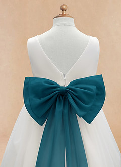 Azazie Kavi Flower Girl Dresses Ivory Ink Blue A-Line Bow Matte Satin Dress image10