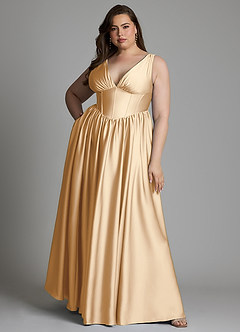 Azazie Delmie Bridesmaid Dresses Champagne A-Line Corset Stretch Satin Dress image8