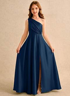 Azazie Puddles Girls Formal Blumenmädchenkleider A-Linie One-Shoulder Stretch-Satin Kleid Dunkelmarine image5