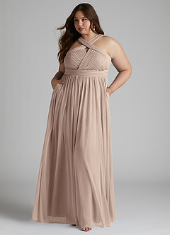 Azazie Hillian Bridesmaid Dresses Taupe A-Line Halter Pleated Mesh Dress image8