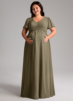 Azazie Verna vestidos de dama de honor de maternidad Vestido de Corte En A Cuello en V fruncido Hasta el suelo Gasa image11