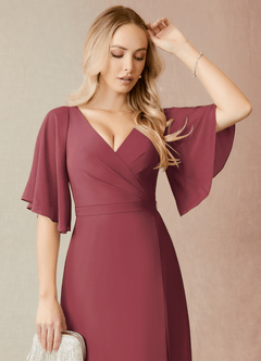 Azazie Cierra Brautjungfernkleider A-Linie V-Hals Chiffon Kleid Merlot image6