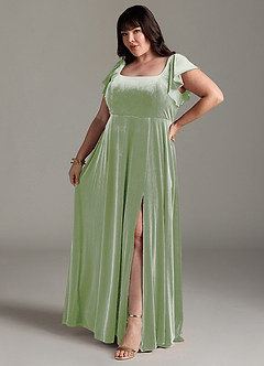 Azazie Bondi Bridesmaid Dresses Dusty Sage A-Line Side Slit Velvet Dress image10