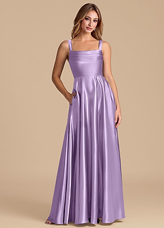 Azazie Shaude 신부 들러리 드레스 A라인 주름진 메탈릭 새틴 바닥 길이 드레스 image1