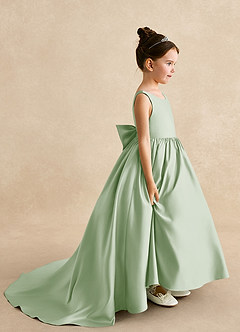 Azazie Mimia Flower Girl Dresses Dusty Sage A-Line Bow Matte Satin Dress image1