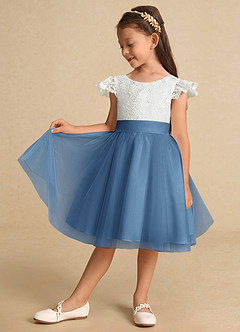 Azazie Vetty Flower Girl Dresses Ivory Steel Blue A-Line Lace Tulle Dress image4