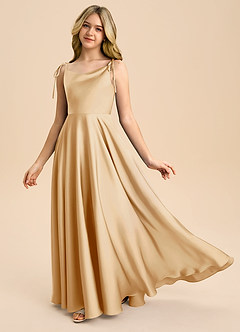 Azazie Popsy Junior Gold A-Line Bow Stretch Satin Dress image1