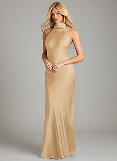 Azazie Velli Bridesmaid Dresses Gold Mermaid High Neck Stretch Satin Dress image1