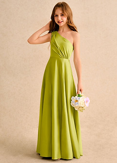 Azazie Puddles Girls Formal Robe Demoiselle D'honneur Fillette Robe Trapèze en Mat Satiné Asymétrique Citronnelle image6