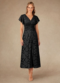 Azazie Vera vestidos de madre de la novia Vestido de Negro de Devorado Floral de Corte En A con Plisado image1