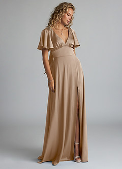 Azazie Kimber Bridesmaid Dresses Taupe A-Line Ruched Stretch Satin Dress image4