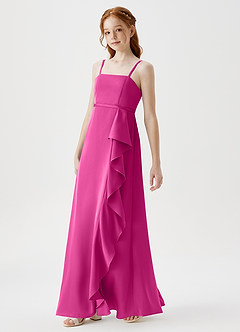 Azazie Kaylee Junior Fuchsia A-Line with Belt Stretch Satin Dress image4