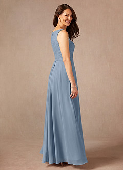 Azazie Ainsling Mère de la mariée Robes Robe Trapèze en Mousseline de soie Dentelle à encolure carrée Bleu Poussiéreux image4