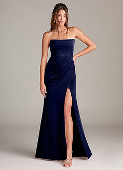 Azazie Leonis Robes de demoiselle d'honneur Robe Sirène en velours Sans bretelles Bleu Marine Foncé image3