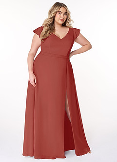 Azazie Claudine Bridesmaid Dresses Terracotta A-Line Flutter Sleeve Chiffon Dress image10