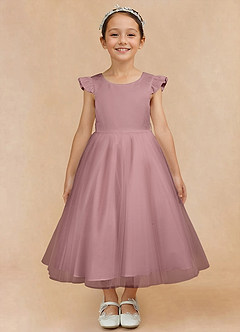 Azazie Hemi Robe Demoiselle D'honneur Fillette Robe Trapèze en Tulle Arc Rose Poussiéreuse image5