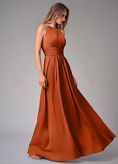 Azazie Bonnie Vestidos de damas de honor Vestido de Naranja Quemada de Satén Elástico de Corte en A con Plisado image4