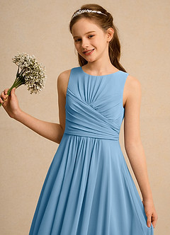 Azazie Ducky Junior Formal Blumenmädchenkleider A-Linie Plissee Chiffon Kleid Stahlblau image3