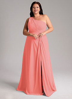 Azazie Brooke Bridesmaid Dresses Coral A-Line One Shoulder Chiffon Dress image10