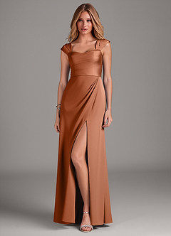 Azazie Laila Bridesmaid Dresses Copper A-Line Pleated Stretch Satin Dress image1