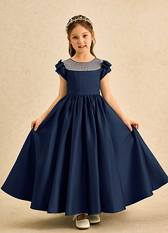 Azazie Toffee Abiti da Ragazza di Fiori Abito Stile Principessa in Raso Opaco Fiocco Marino Scuro image2