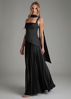 Azazie Stephanie Vestidos de damas de honor Vestido Negro de Satén Elástico de Línea A con Corsé image8