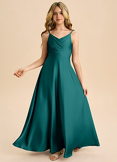 Azazie Bug Junior Peacock A-Line Pleated Stretch Satin Dress image2