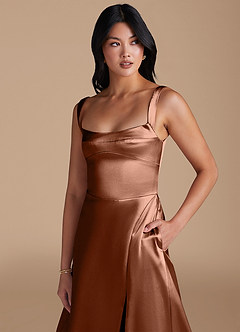 Azazie Hope At-home Try On Dresses Bronzer A-Line with Pockets Metallic Satin Dress image3