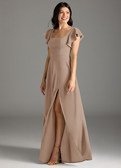 Azazie Bondi Final Sale Taupe A-Line Ruched Stretch Crepe Dress image4