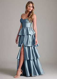 Azazie Faye Vestidos de damas de honor Vestido de Azul Polvoriento de Satén Elástico de Corte en A con Volante image3