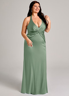 Azazie Valerie Vestidos de damas de honor Vestido de Matcha de Satén Elástico de Corte Sirena con Plisado image10