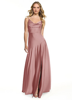 Azazie Kayla Vestidos de damas de honor Vestido de Rosa Polvorienta de Satén Elástico de Corte Recto con Corte Lateral image1