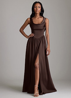 Azazie Novi Bridesmaid Dresses Ganache A-Line with Pockets Stretch Satin Dress image1