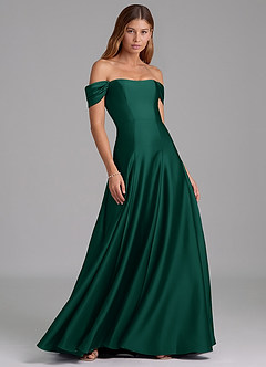 Azazie Seriana Bridesmaid Dresses Emerald A-Line Off the Shoulder Stretch Satin Convertible Dress image4