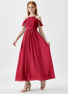 Azazie Chaya Junior Scarlet A-Line Off the Shoulder Chiffon Dress image5