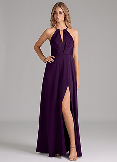 Azazie Evalleen Bridesmaid Dresses Grape A-Line Pleated Stretch Satin Dress image1