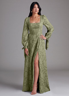 Azazie Leonia Vestidos de damas de honor Vestido de Pistacho de Devorado Floral de Corte en A con Manga larga image1