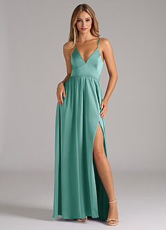 Azazie Aaida Bridesmaid Dresses Aqua A-Line Corset Stretch Satin Dress image1