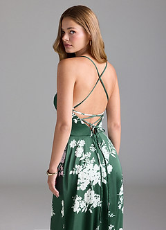 Azazie Mei Bridesmaid Dresses Green Botanicals A-Line V-Neck Stretch Satin Dress image7