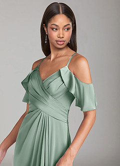 Azazie Dakota Bridesmaid Dresses Agave A-Line Off the Shoulder Stretch Satin Dress image5