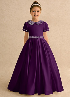 Azazie Gabriella Flower Girl Dresses Grape Ball-Gown with Sleeves Matte Satin Dress image4