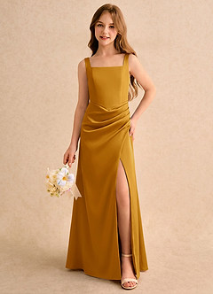 Azazie Noah Girls Formal Jurken voor bloemenmeisjes Kolom Jurk van Stretch Satijn Geplooide Boterbabbelaar image3