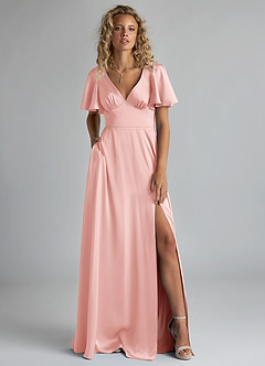 Azazie Kimber Bridesmaid Dresses Powder Pink A-Line Ruched Stretch Satin Dress image7