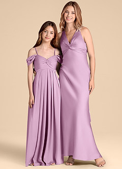 Azazie Kaitlynn Junior Vestido de Glicinia de Satén Elástico de Corte en A con Vestidos sin tirantes image3