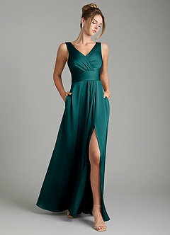 Azazie Karina Bridesmaid Dresses Peacock A-Line Pleated Stretch Satin Dress image1