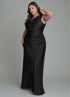 Azazie Kieryn At-home Try On Dresses Black Mermaid Pleated Stretch Satin Dress image9